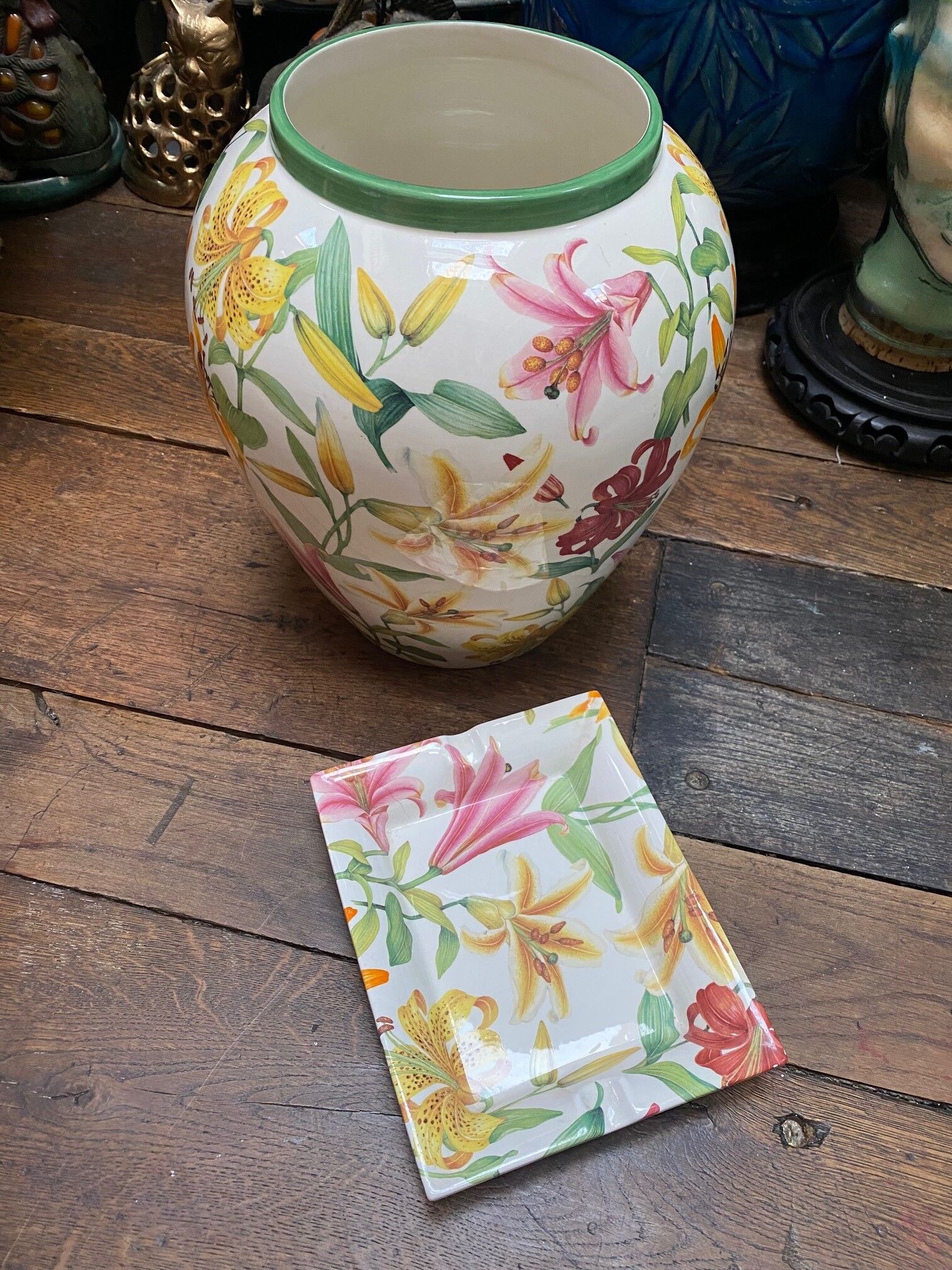 Lancel porcelain set bouquets of colored lilies vase and empty pocket ashtray