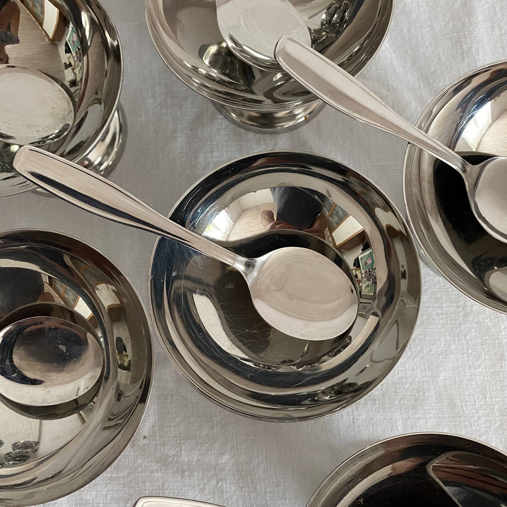 Stainless steel ice cream cups and spoons, 1960s-70s, original boxes.
