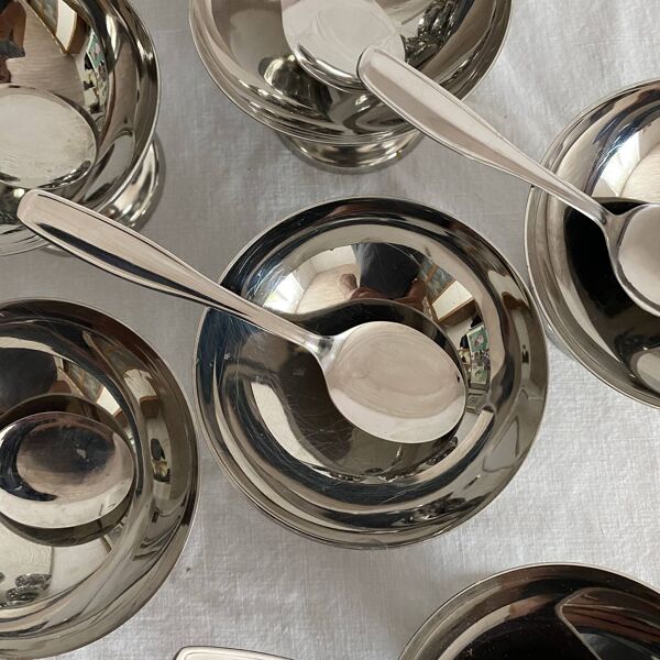 Coupes à glace en inox et cuillères,années 60-70 ,Boîtes d'origine