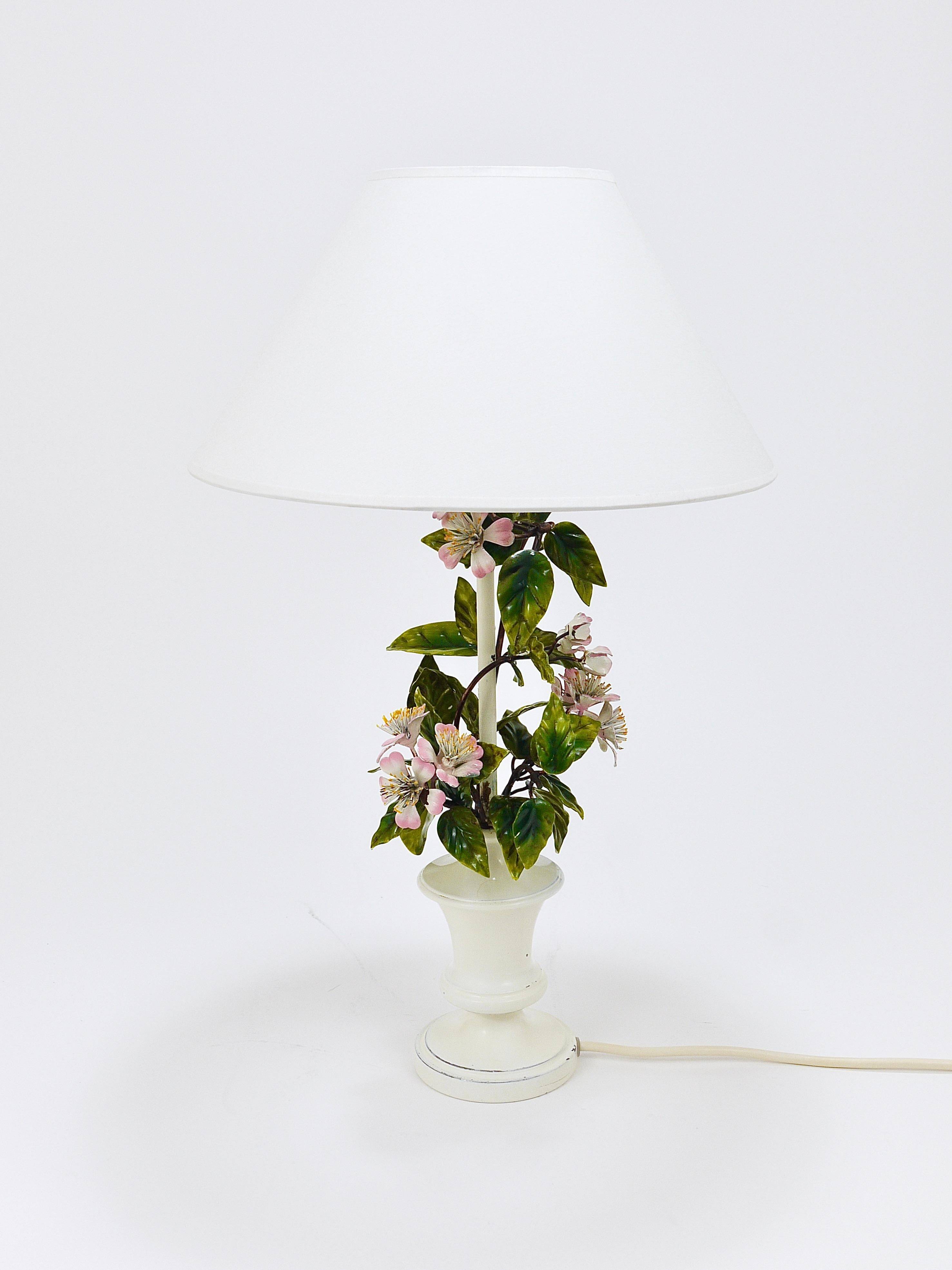 Hand-painted Toleware table lamp with wild apple blossom flowers, Salvadori, Italy, 1950s.