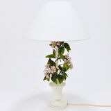 Hand-painted Toleware table lamp with wild apple blossom flowers, Salvadori, Italy, 1950s.