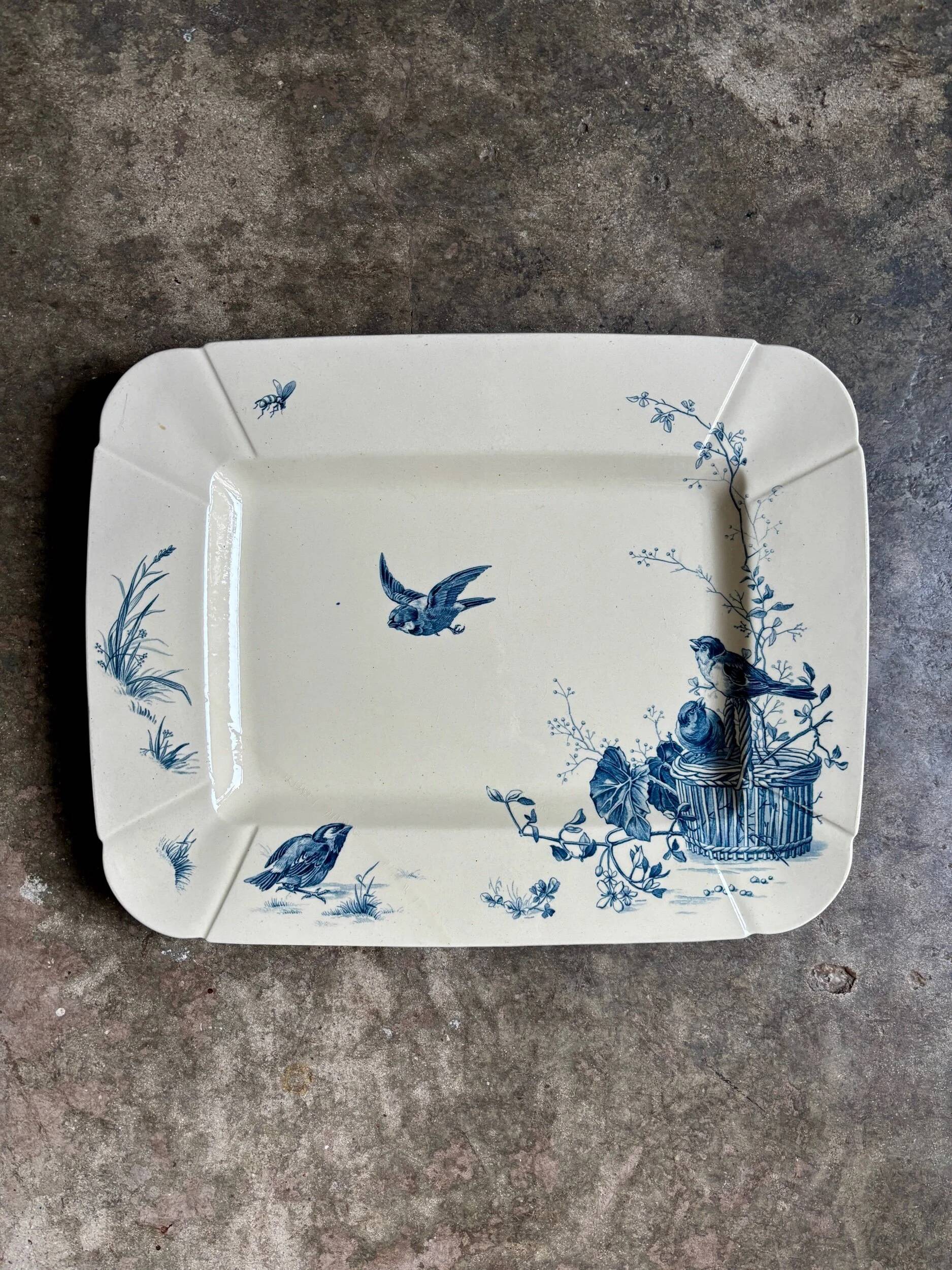 Large rectangular Gien dish in blue ironstone, "Birds" service circa 1870.