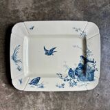 Large rectangular Gien dish in blue ironstone, "Birds" service circa 1870.