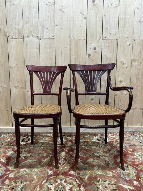 Suite de 4 chaises et deux fauteuils cannés thonet à "palmettes"