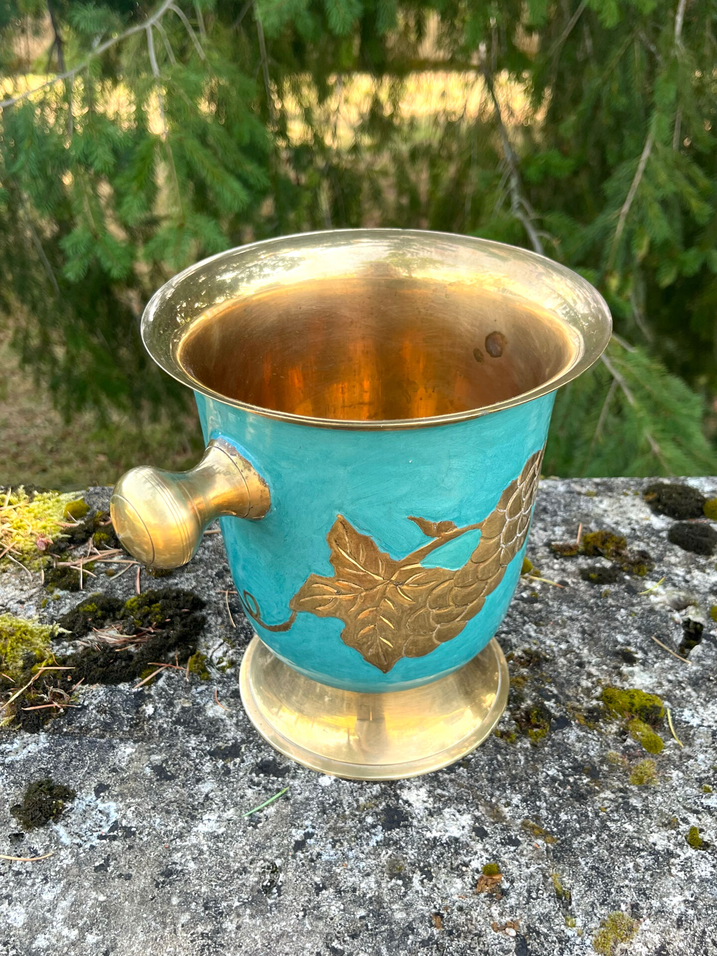 Vintage cloisonne brass champagne bucket with turquoise grape design