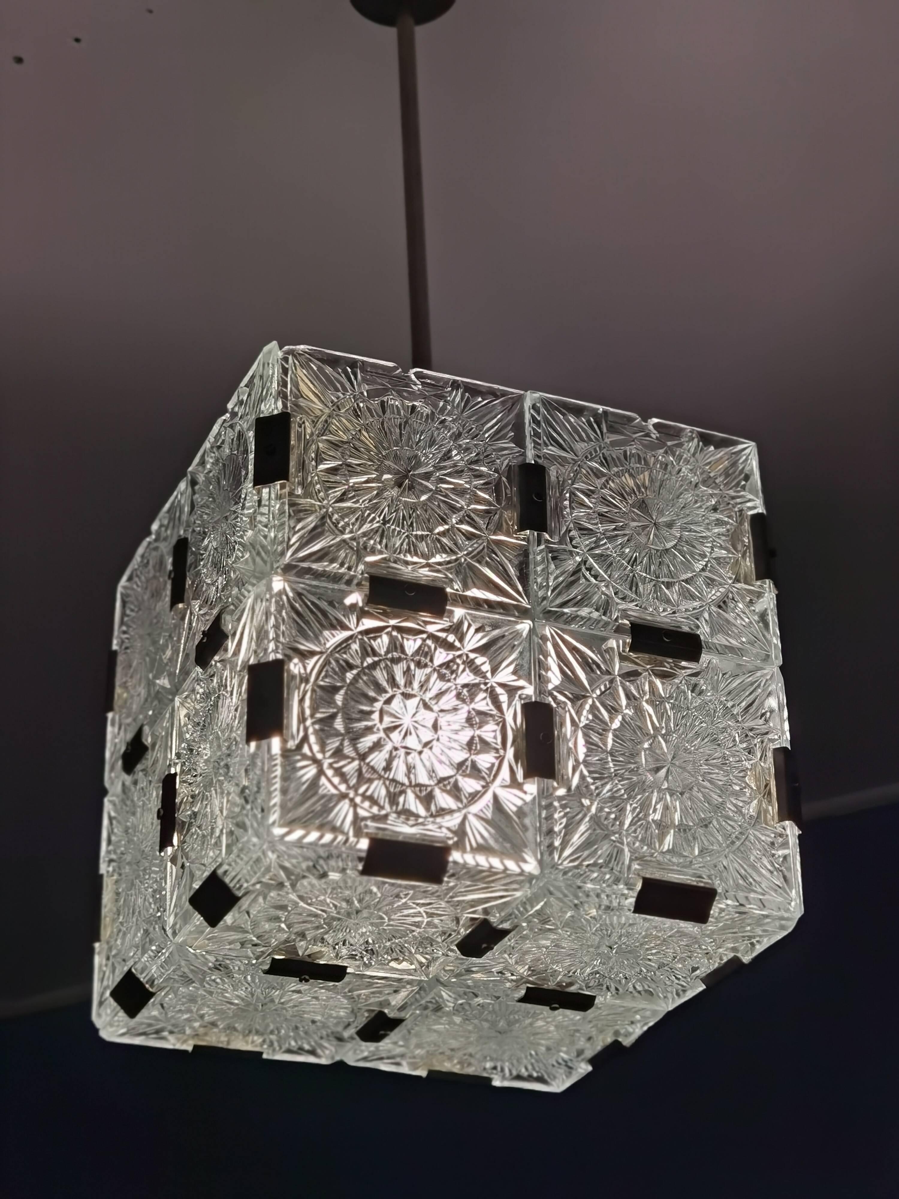 Glass faceted cube chandelier by Jaroslav Bejvl for Kamenicky Senov, year 1968