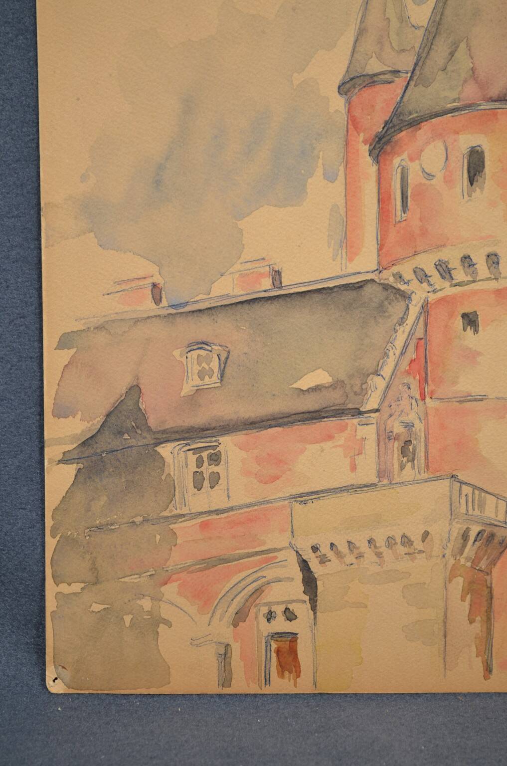 French school 20th century "The castle tower" watercolor