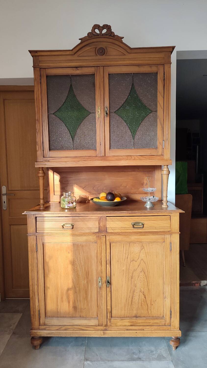 2-part wooden and stained-glass sideboard
