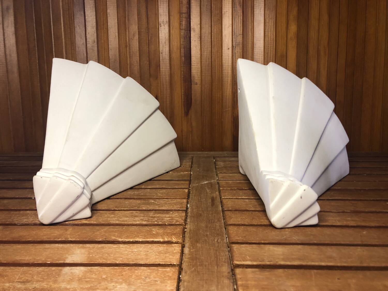 Pair art deco wall lamp angle white plaster made in italy vintage #a469