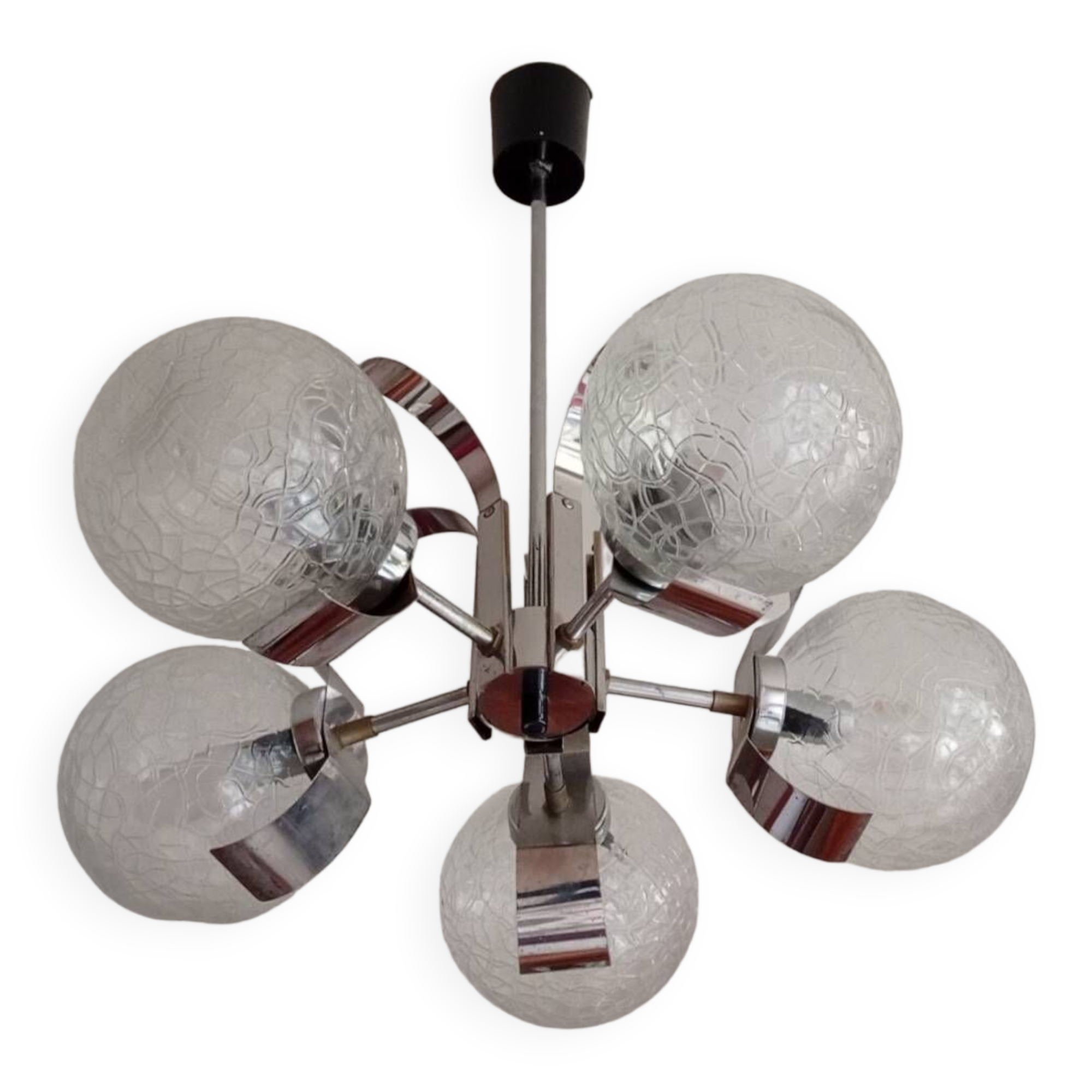 Vintage chandelier with glass globes and chrome steel