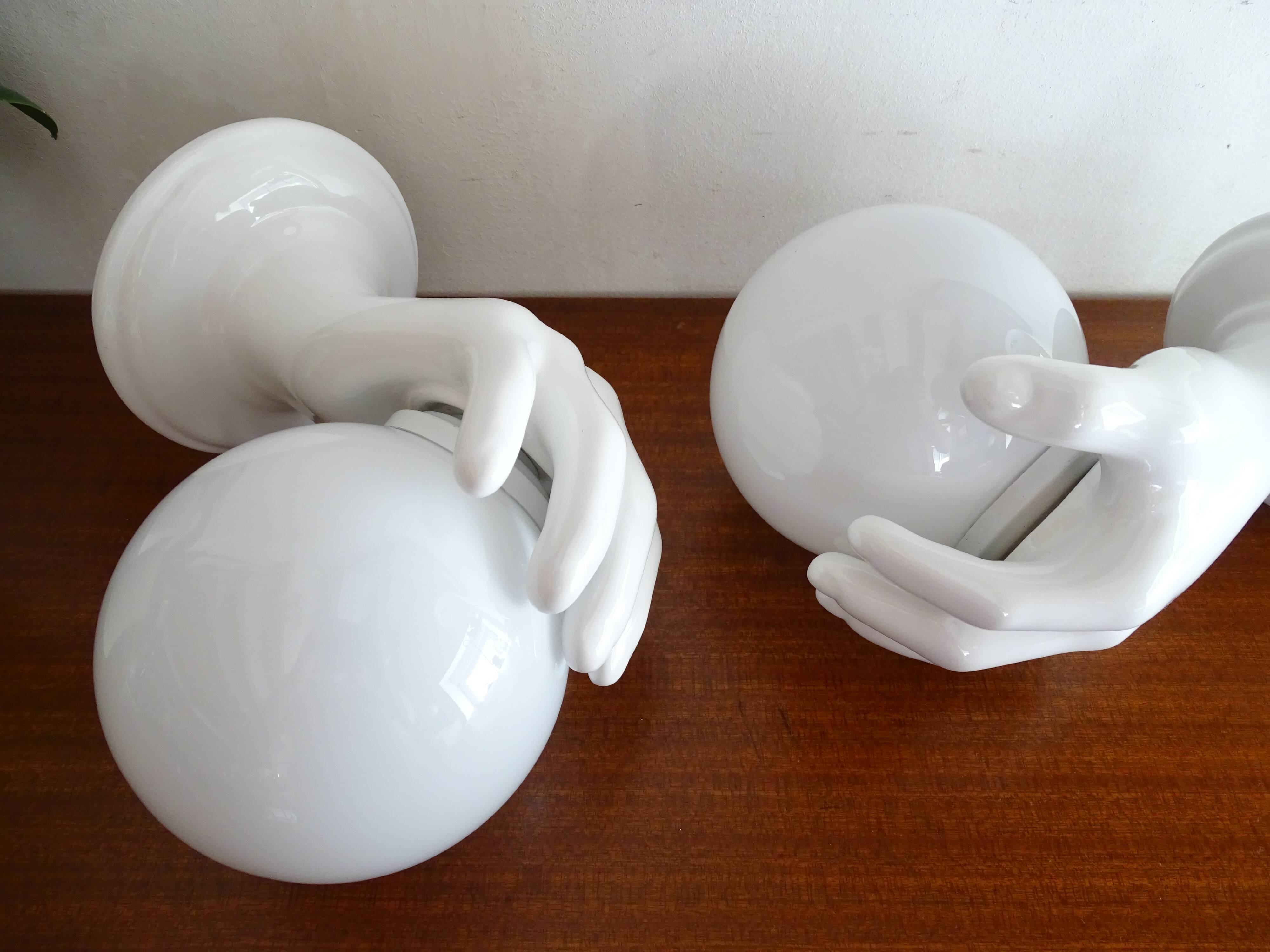 Pair of ceramic hand sconces - globe ball - vintage design 70's