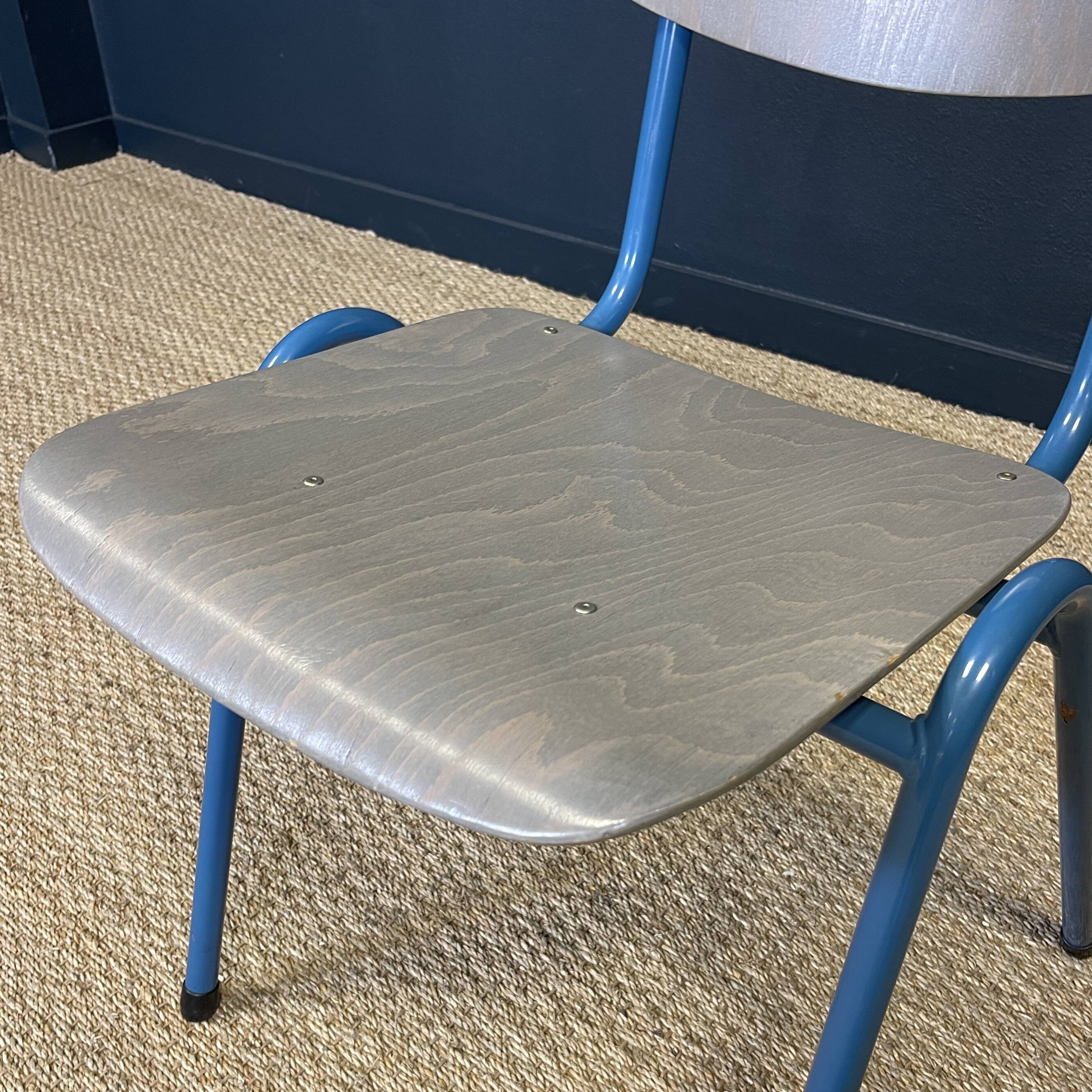 Lot of 25 gray wood school chairs with blue feet Netherlands 70s/80s