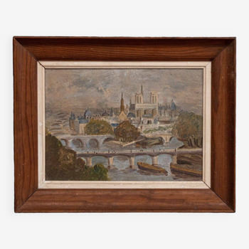 Oil on canvas Paris at the beginning of the 20th century natural wood frame