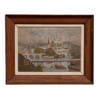 Oil on canvas Paris at the beginning of the 20th century natural wood frame
