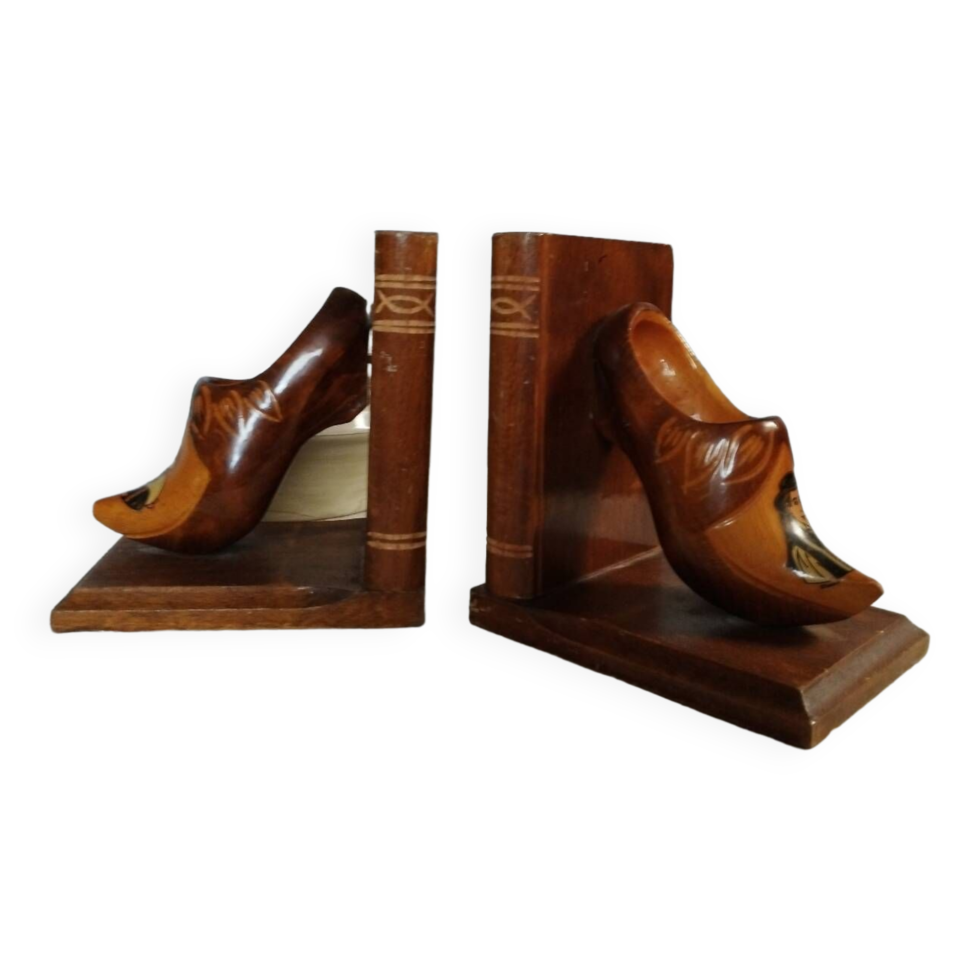 Wooden bookends with clog decoration, Breton craftsmanship, circa 1970