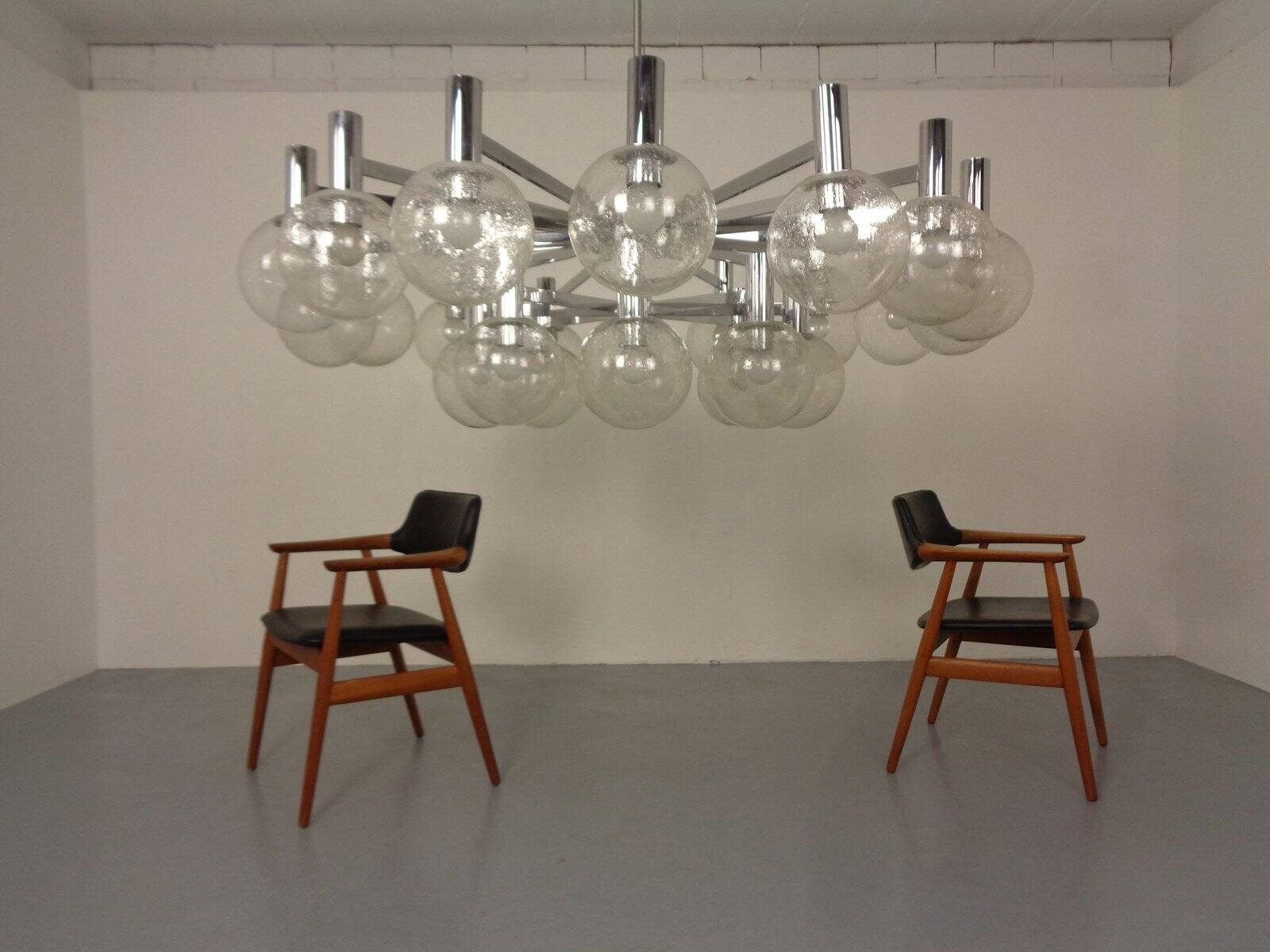 Large chromed spider Sputnik lamp with 24 hand-blown ice glass balls from Ott International, Germany, 1960s.