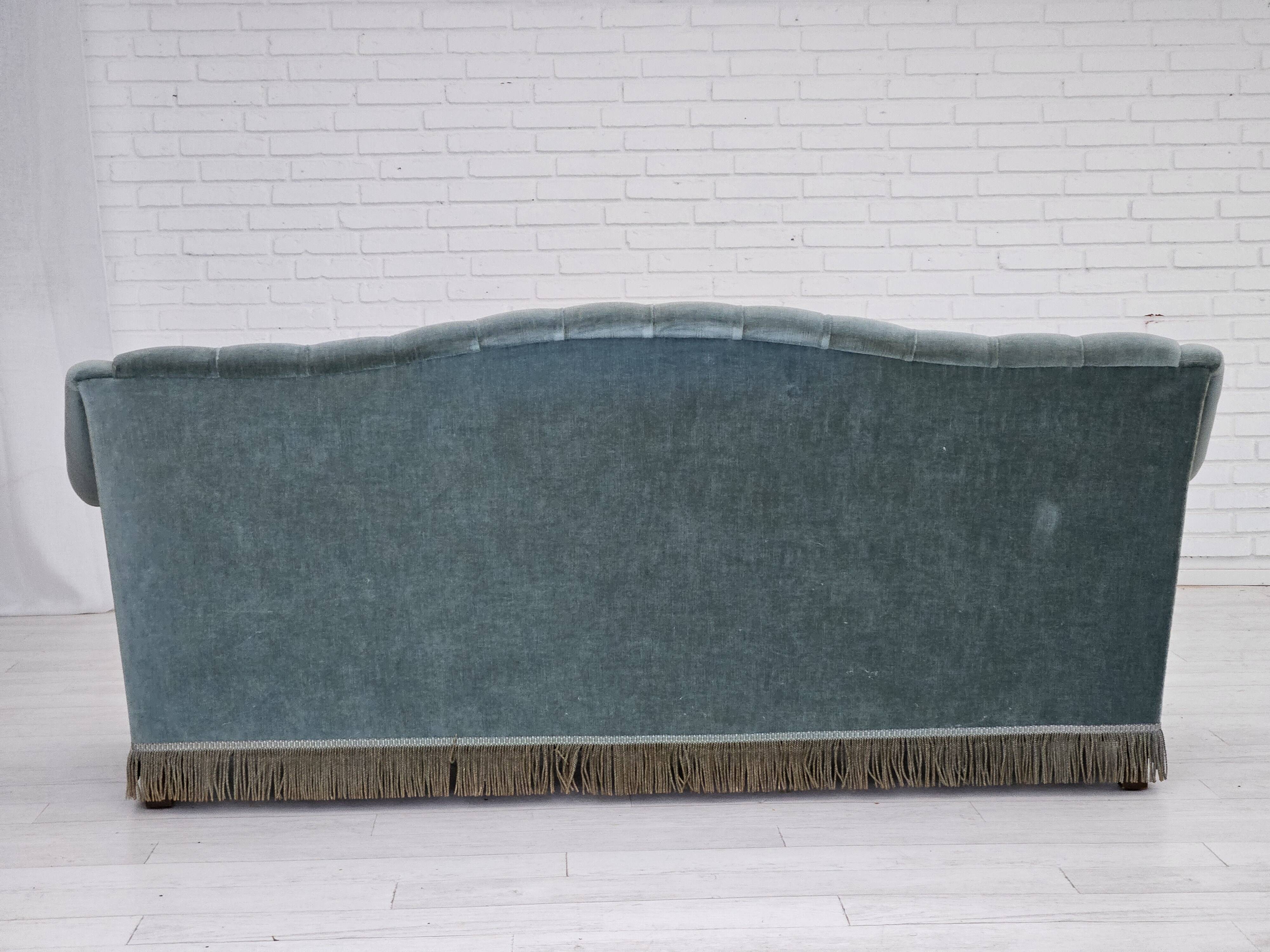 1960s, Danish 3 seater sofa, light blue velour, original good condition.