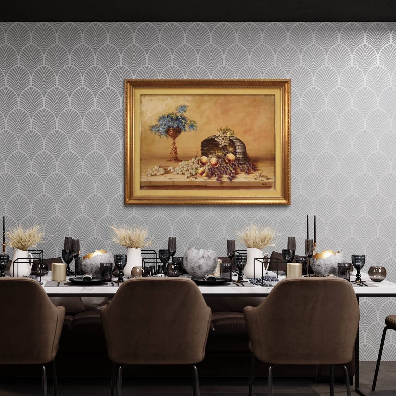 Signed painting still life with flowers and fruit from the 20th century