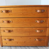 Vintage chest of drawers in solid pine and leather, 1970