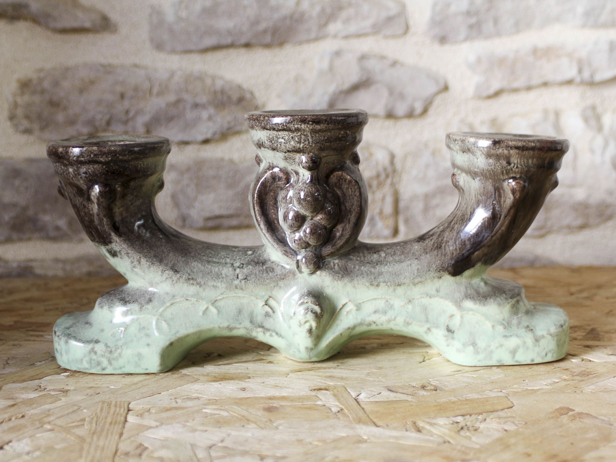 Pair of candlesticks 3 arms in glazed ceramic