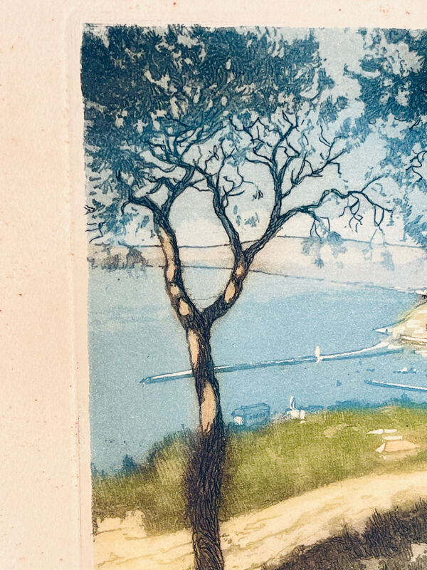 Eau-forte ancienne rehaussée en couleurs – Vue méditerranéenne depuis