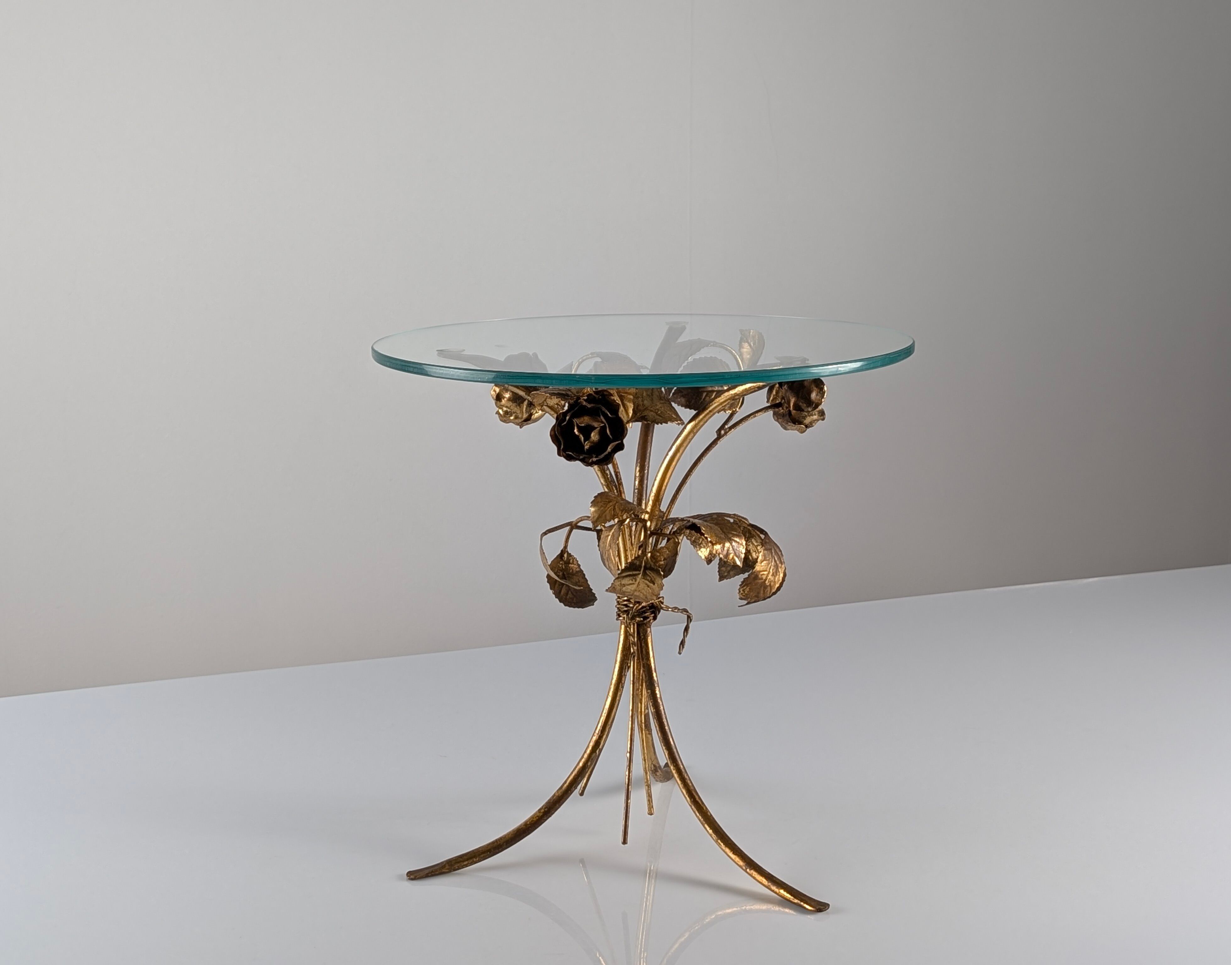 Mid-century side table in gilded metal with roses and glass top, 1970s