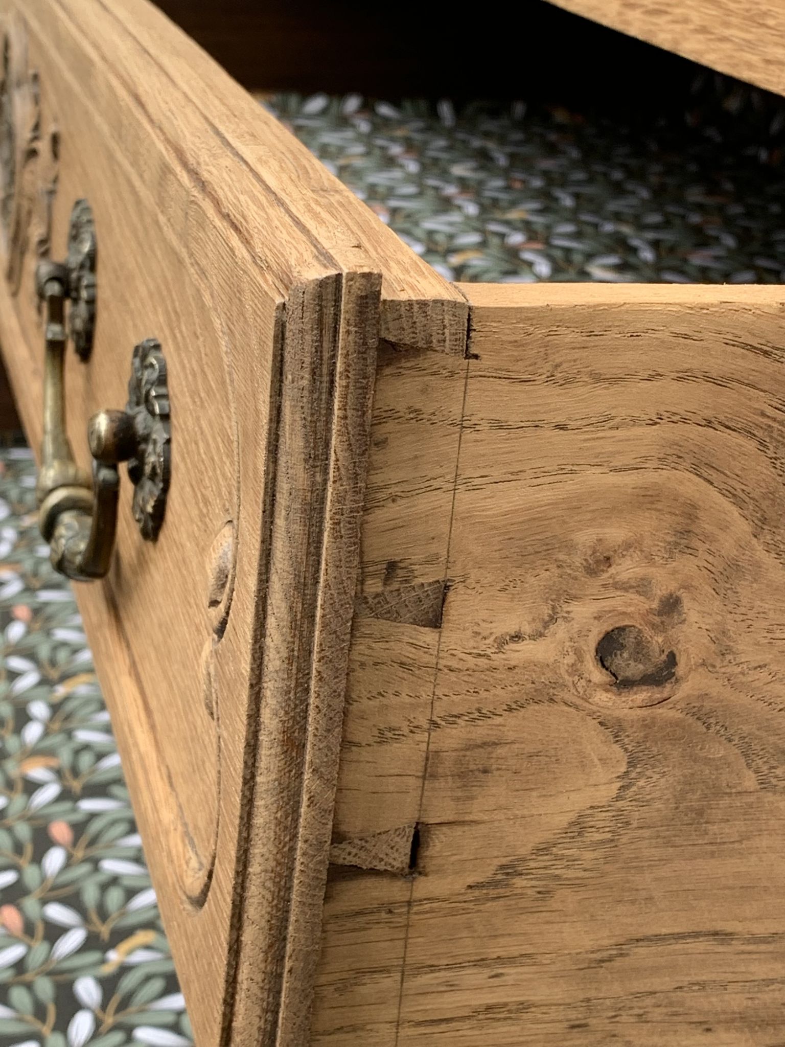 Louis XV style chest of drawers, solid raw oak, 1920.