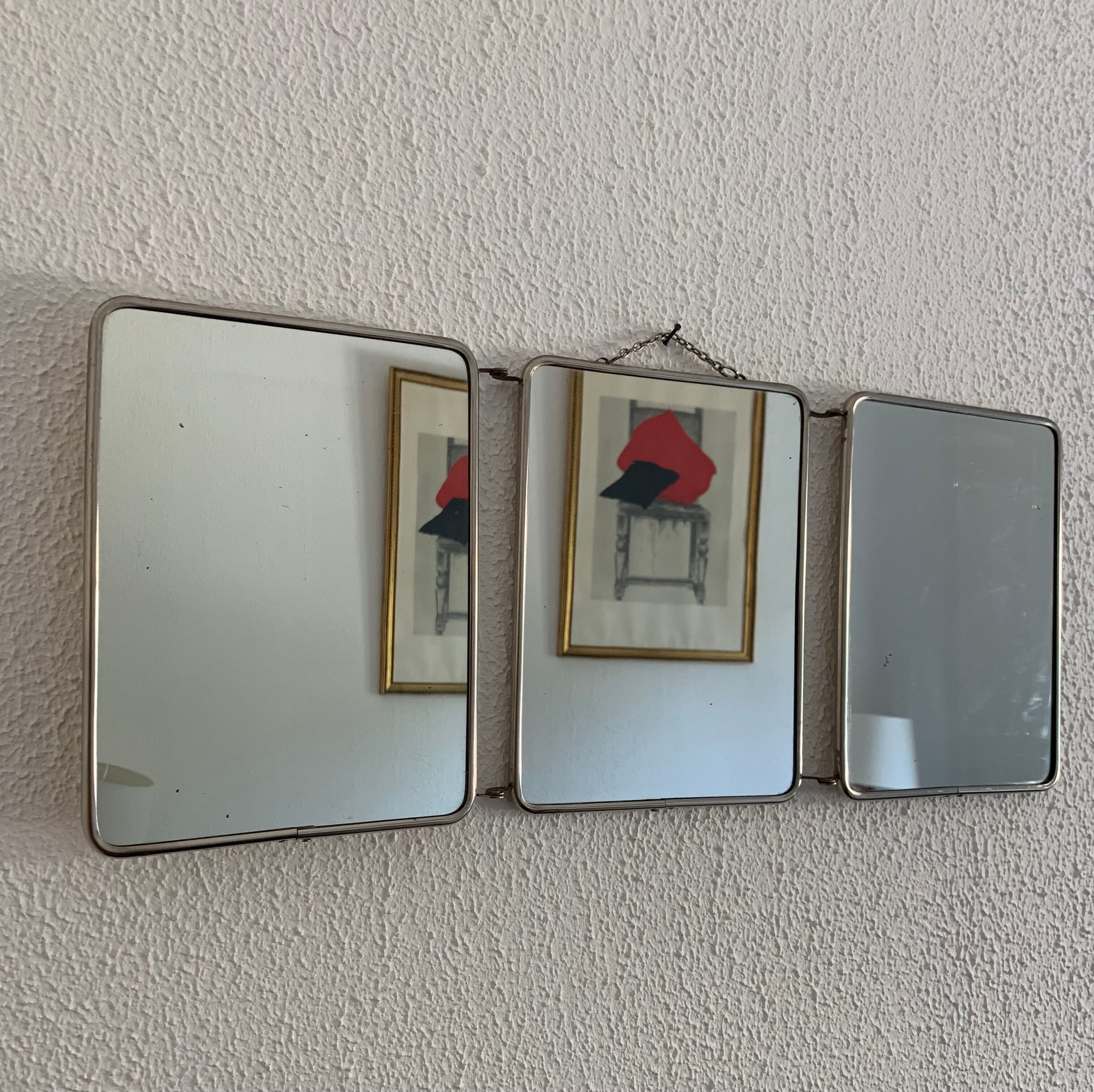 Vintage mirror 1960 triptych ivory barber - 24 x 59 cm