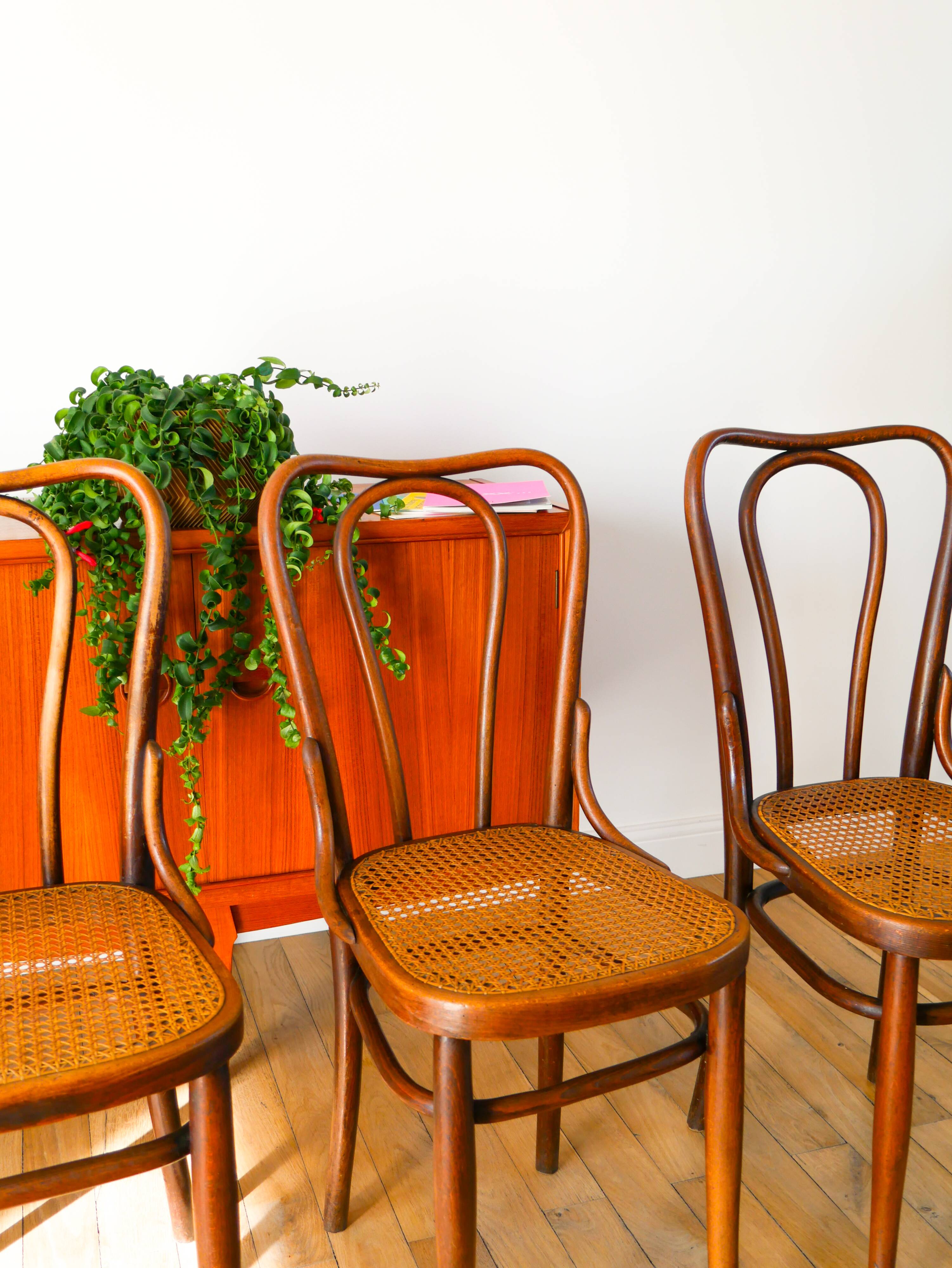 Set of 3 bistro chairs in wood and canework signed J. Kohn, Made in Austria, 20th century