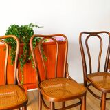 Set of 3 bistro chairs in wood and canework signed J. Kohn, Made in Austria, 20th century