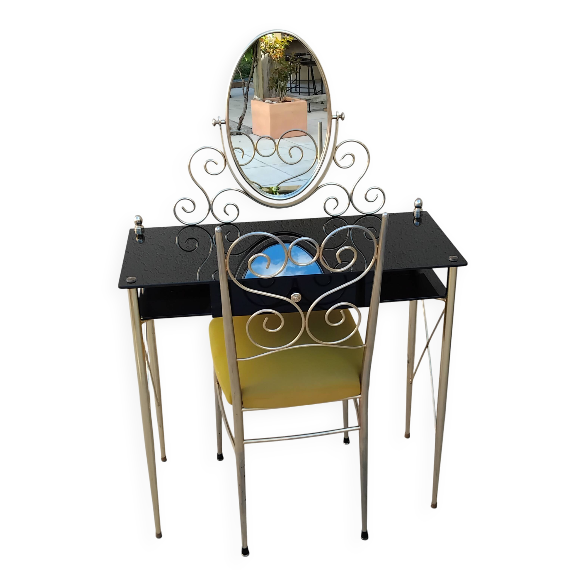 Coiffeuse et chaise vintage verre et métal dorée