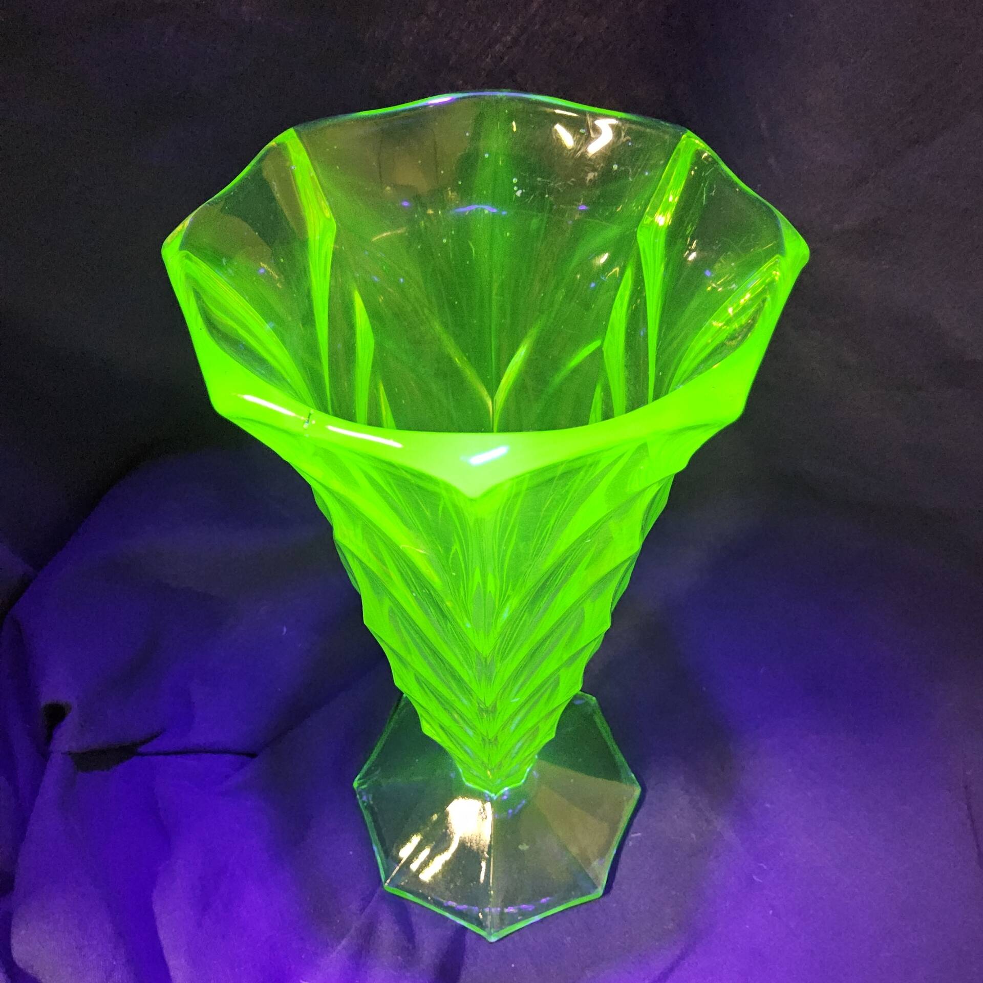Antique Art Deco Bohemian uranium vase / geometric glass