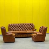 Vintage Chesterfield Brown Leather High Back sofa and Armchairs, Set of 3