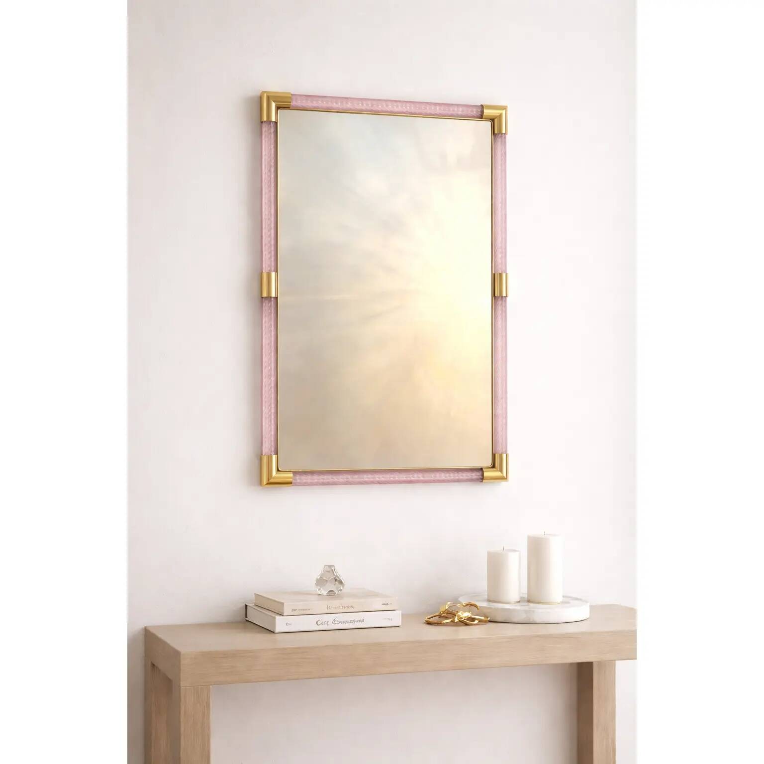 Elegant Modern Pink and Gold Mirror with Torchon Murano Glass Work