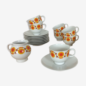 Orange flower tea service, porcelain, 7 cups 1970