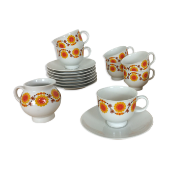 Orange flower tea service, porcelain, 7 cups 1970