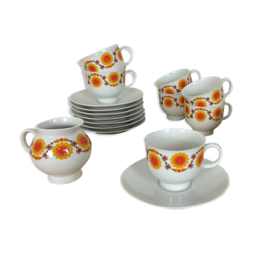 Service thé fleurs orange 70, porcelaine, 7 tasses