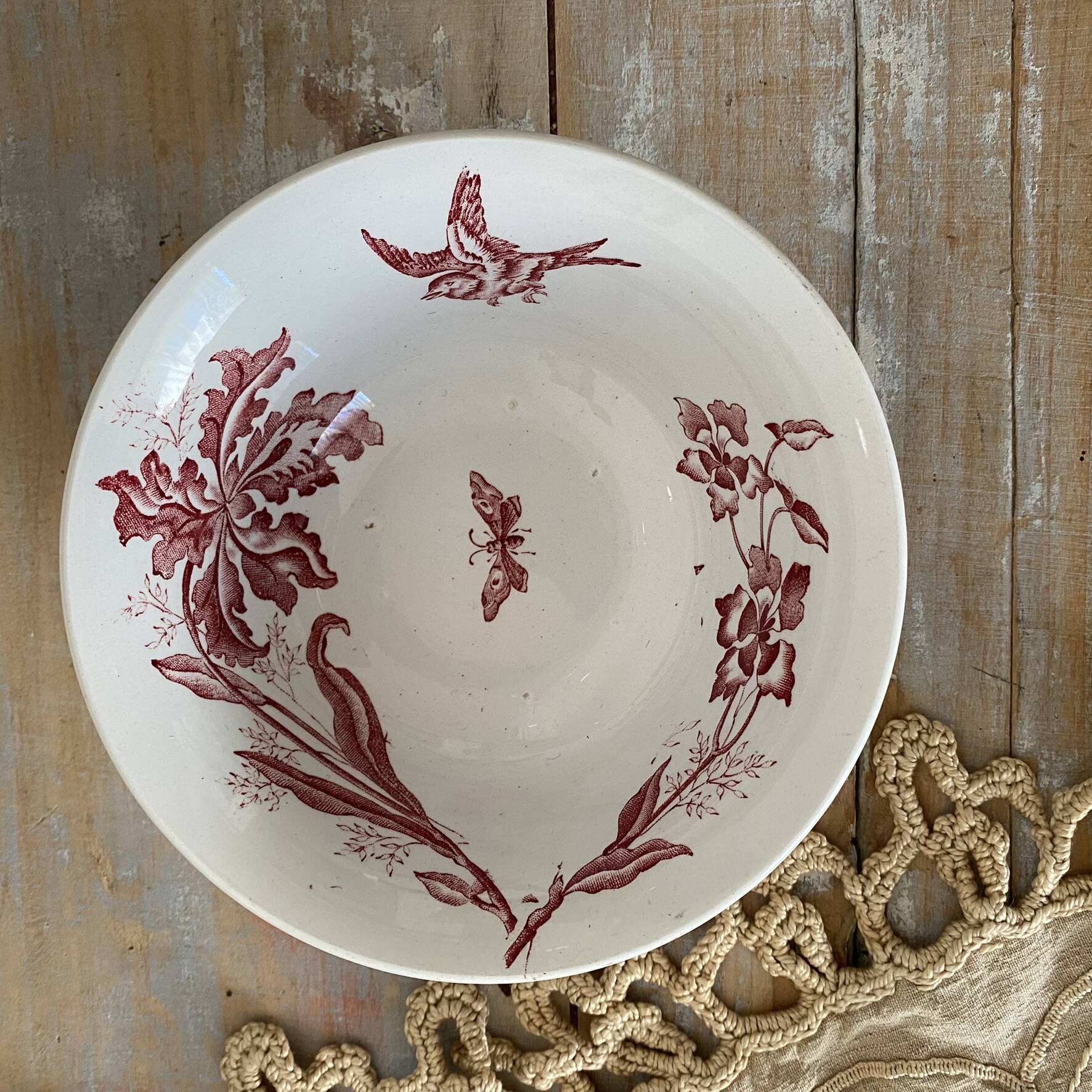 Ancient ironstone bowl Moulins des Loups "orchids"