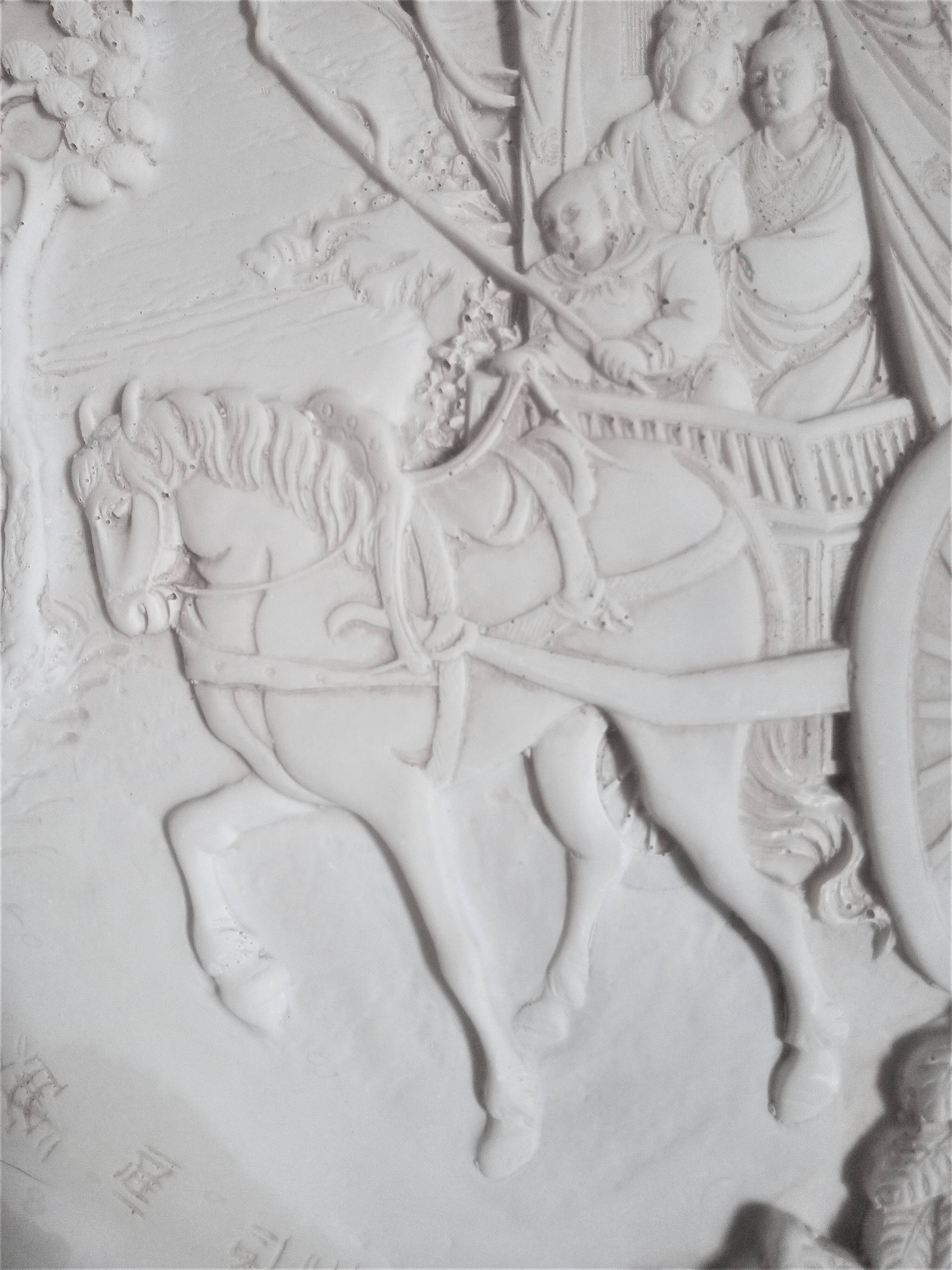 Large Chinese resin dish, sculpted motifs, signed