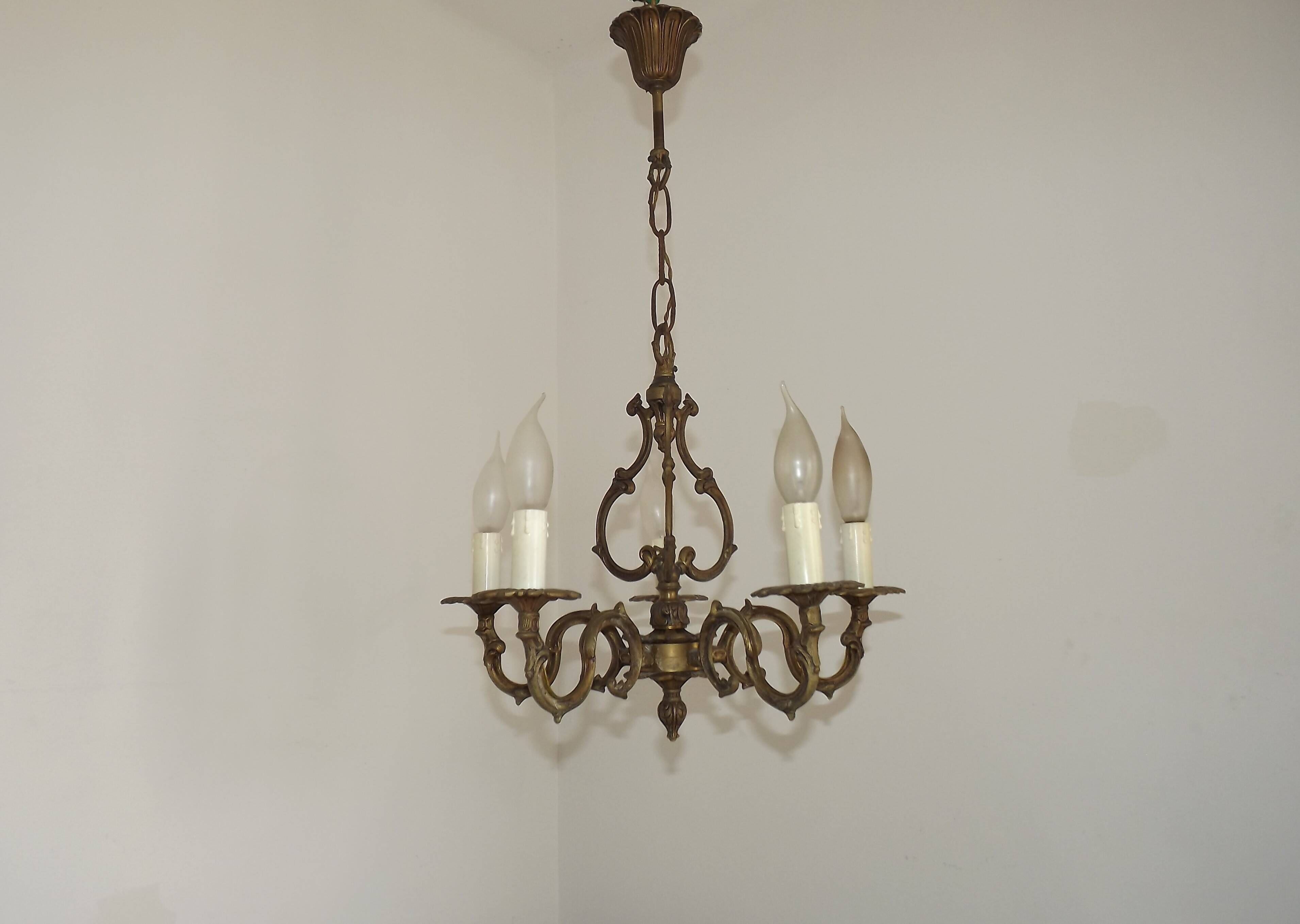 Elegant French Antique Bronze 5 Light 3 Sided Cage Style Chandelier