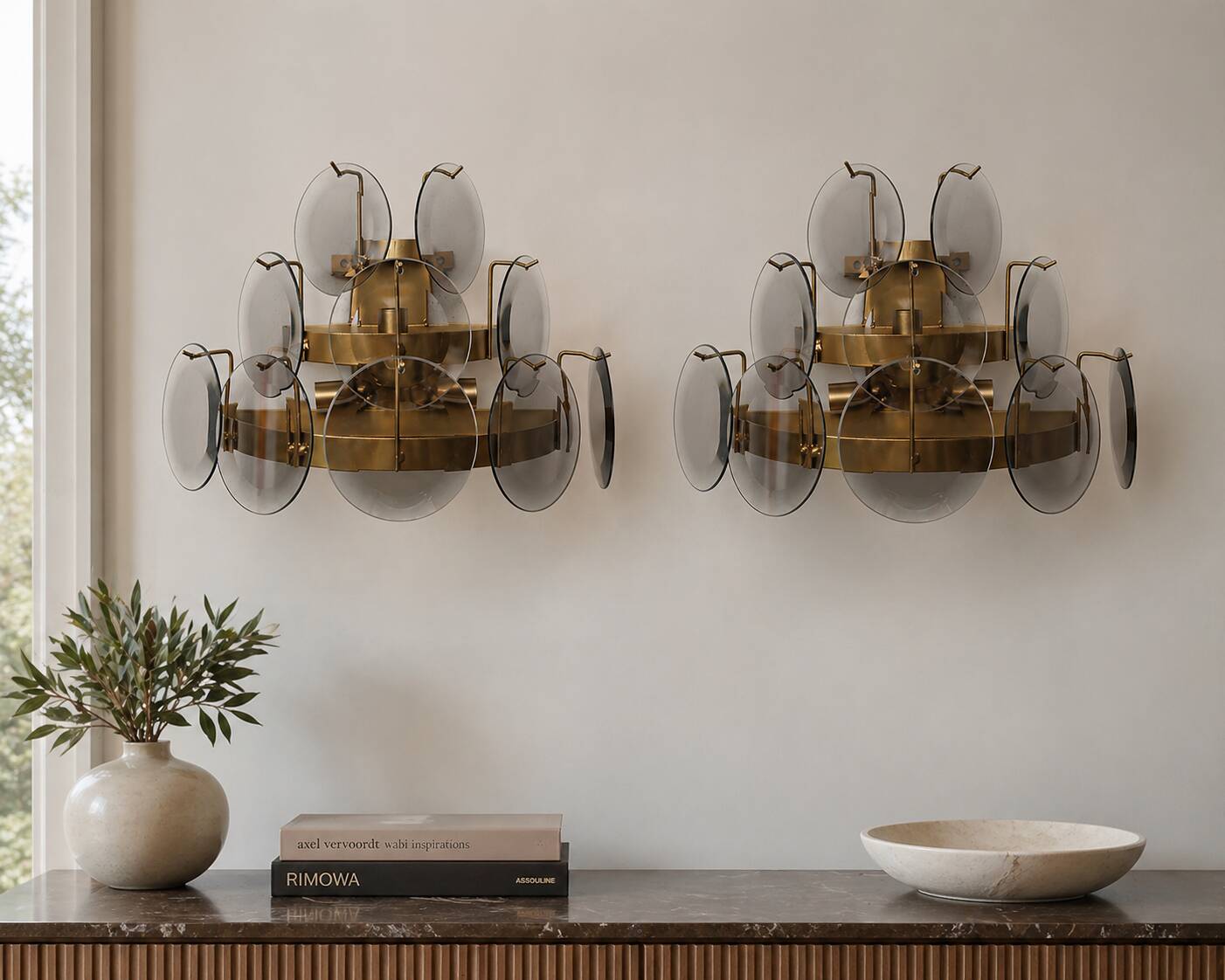 Set of 2 Vistosi Murano Wall Lamps Smoked Disc, 1970