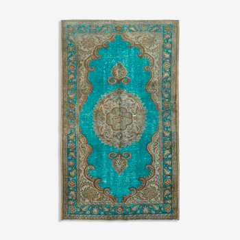 Hand-knotted antique Turkish turquoise carpet 1970s 155 cm x 262 cm