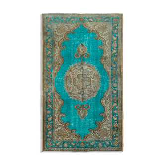 Hand-knotted antique Turkish turquoise carpet 1970s 155 cm x 262 cm