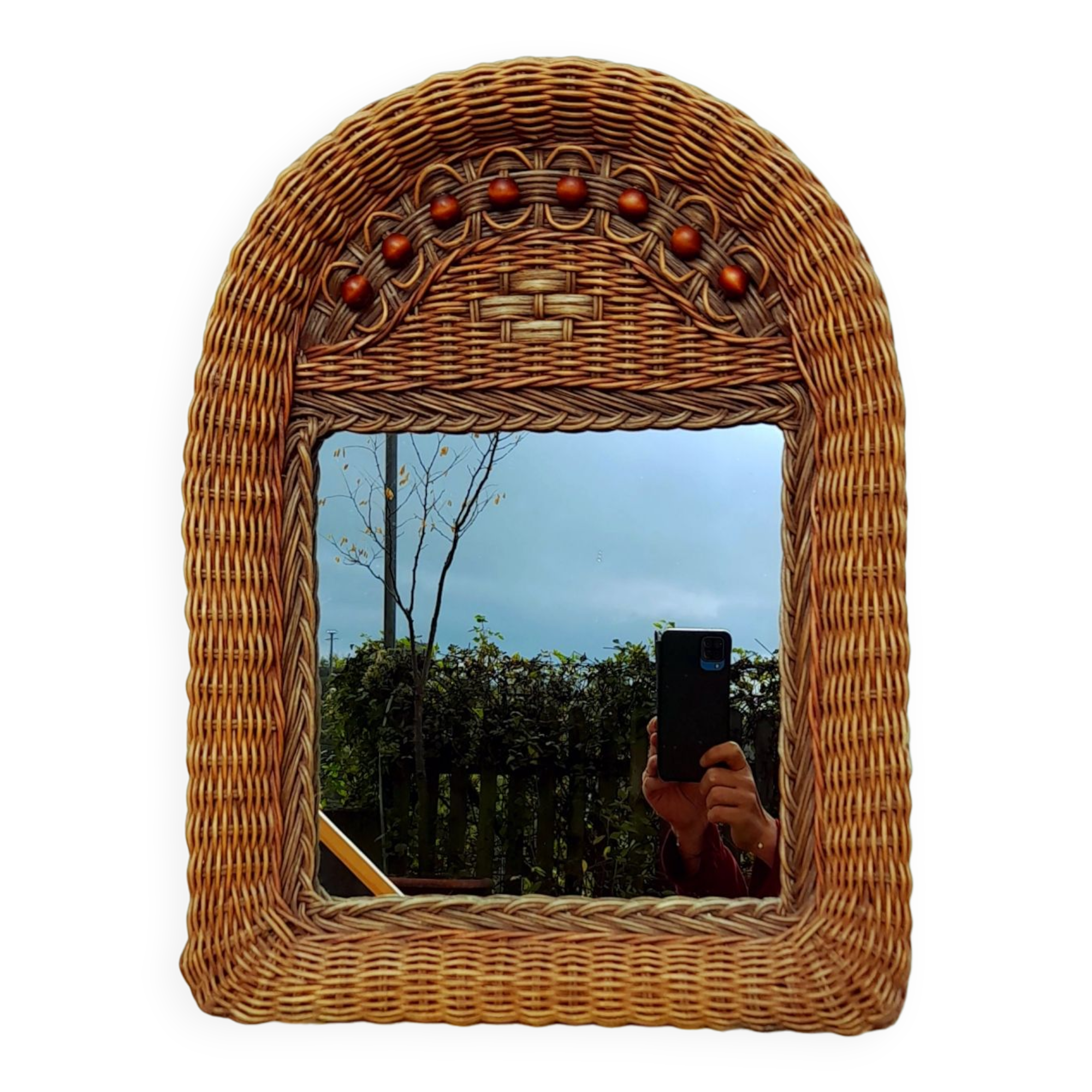 Woven wicker mirror and wooden beads 60s