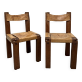 S11 chair in elm wood and cognac leather by Pierre Chapo