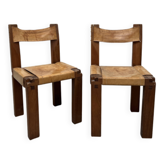 chaise S11 en bois d'orme et cuir cognac de Pierre Chapo