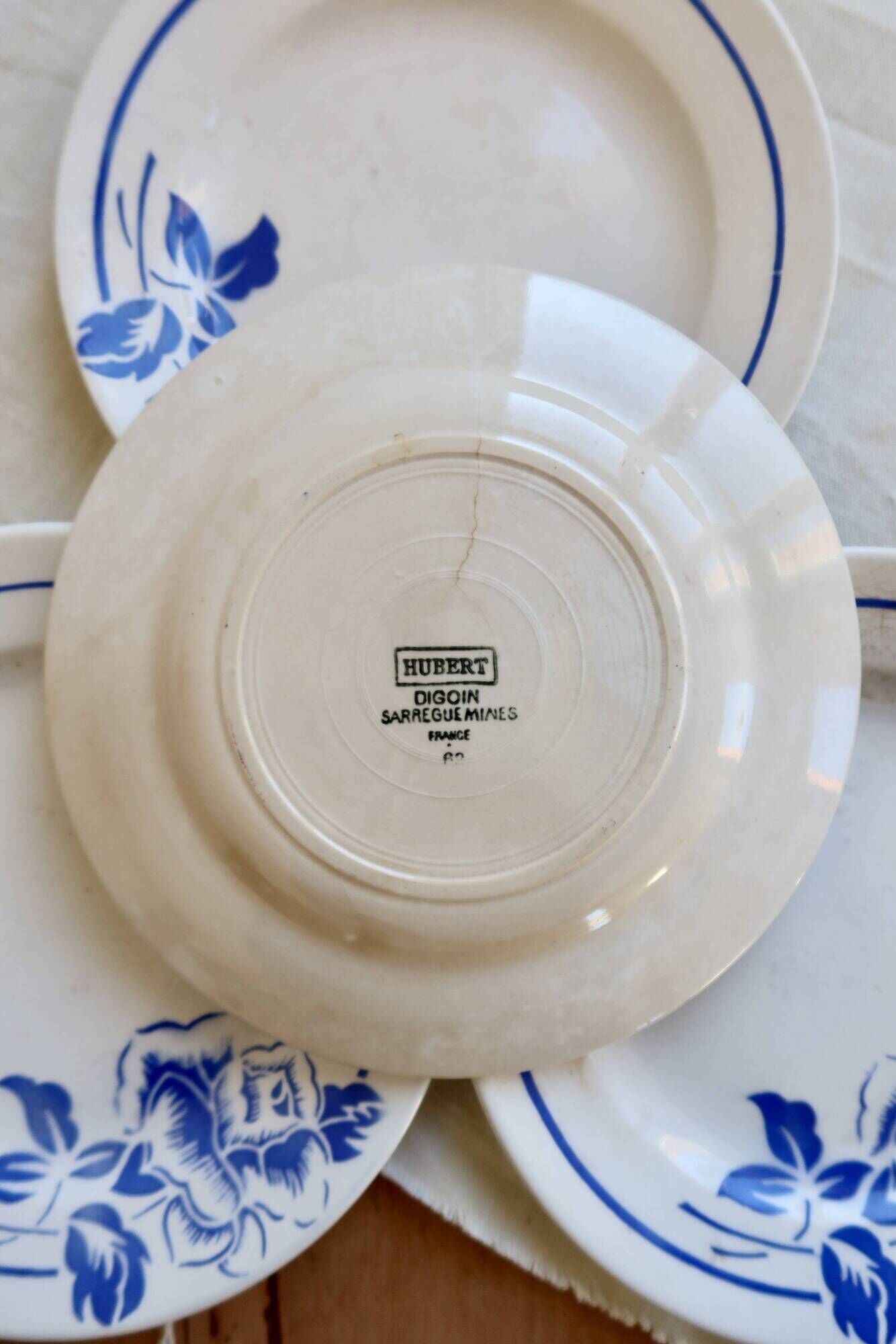 4 vintage ironstone dessert plates Digoin Sarreguemines Hubert blue