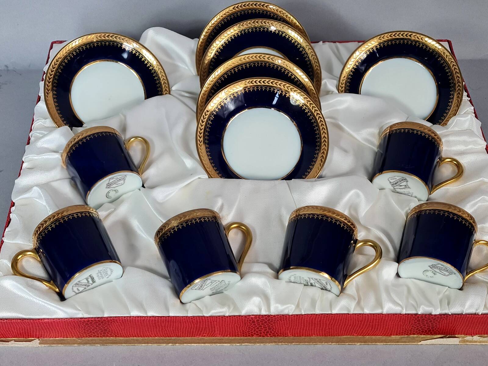 6 Limoges oven blue porcelain cups for Porcelainor Paris + case C582