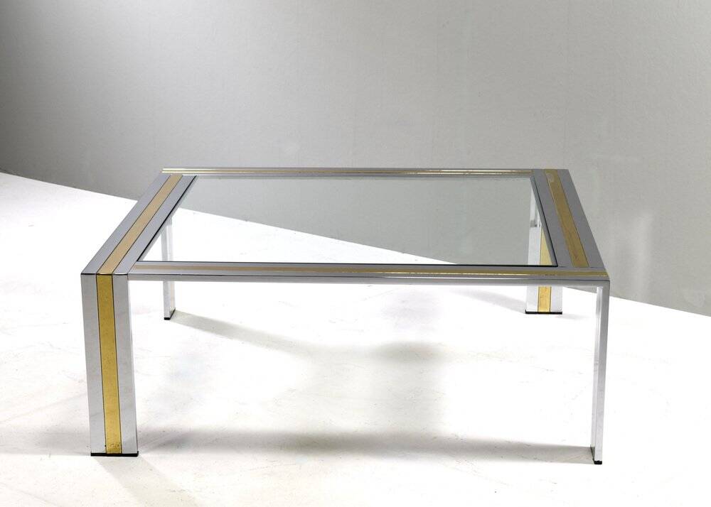 Square coffee table in brass, chrome and glass by Renato Zevi, Italy, 1970s