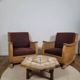 Pair of "Corbeille" armchairs in solid oak and chocolate velvet – S